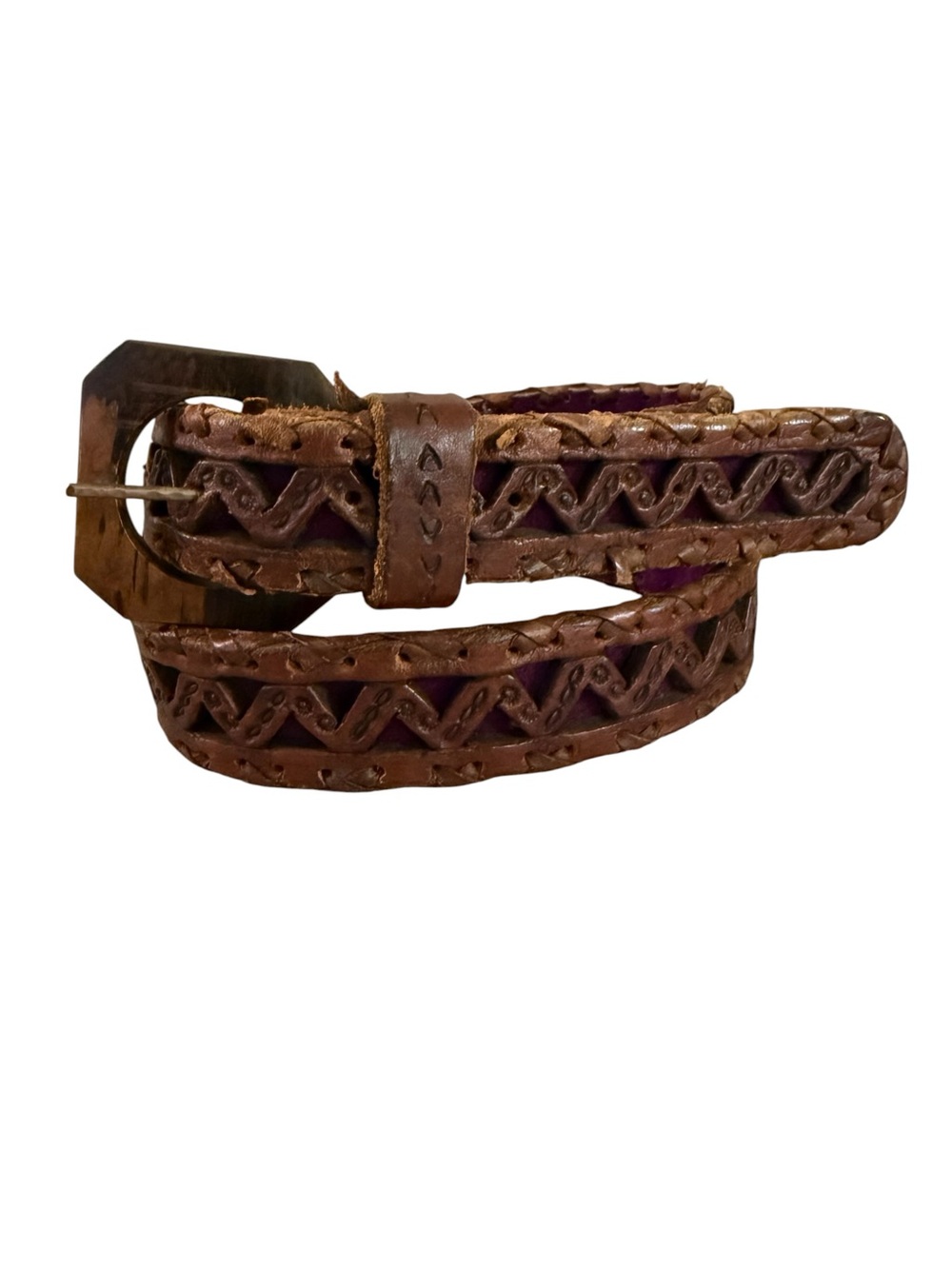 Vtg Handwoven Tooled Leather Reversible Belt Women M Brown Mexico Wooden Buckle